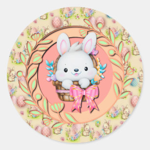Sticker Rond Lapin de Pâques mignon assis dans le panier