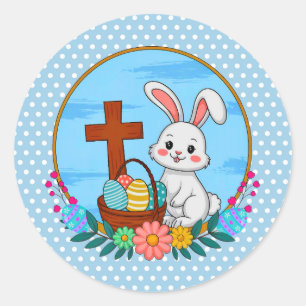 Sticker Rond Lapin de Pâques religieux avec croix et œuf floral