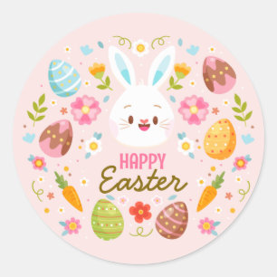 Sticker Rond Lapin de Pâques rose Joyeuses PâquesFloral