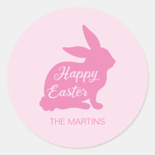 Sticker Rond Lapin de Pâques Rose Silhouette Nom Joyeux