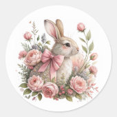 Sticker Rond Lapin de Pâques Ruban Rose Fleurs (Devant)