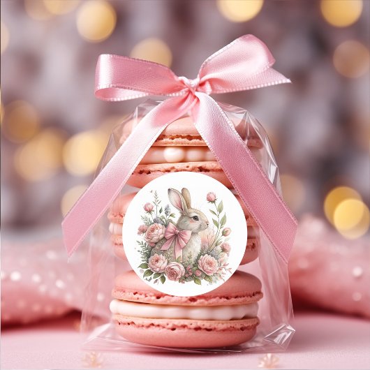 Sticker Rond Lapin de Pâques Ruban Rose Fleurs