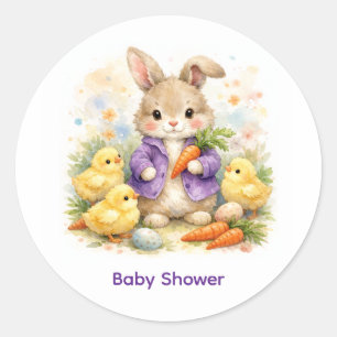Sticker Rond Lapin de Pâques Veste Violette Baby Shower