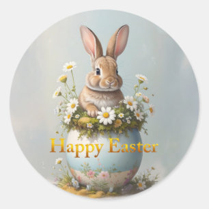 Sticker Rond Lapin de Pâques vintage avec des marguerites