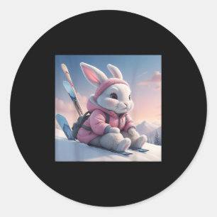 Sticker Rond Lapin de ski bébé dans un motif hivernal de neige