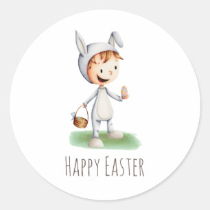 Sticker Rond Lapin Enfant Mignon Fête de Pâques Joyeuse