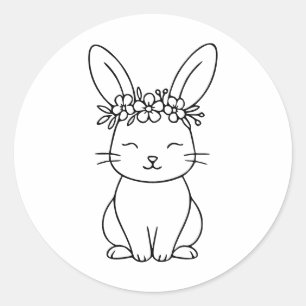 Sticker Rond Lapin fantaisiste avec couronne florale en ligne a