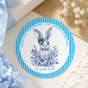 Sticker Rond Lapin Floral Bleu 1er Anniversaire pour Enfants
