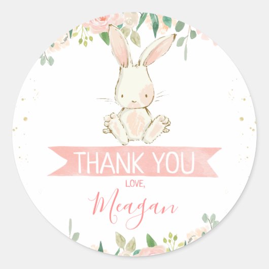 Sticker Rond Lapin Floral Rose 1er anniversaire (Devant)