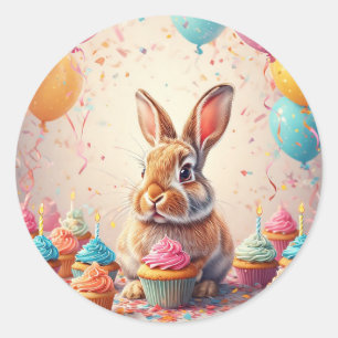 Sticker Rond Lapin joyeux avec Cupcakes 🎉 Célèbration mignonne