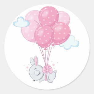 Sticker Rond Lapin lapin avec ballons roses