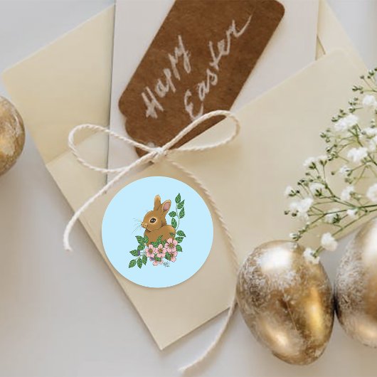 Sticker Rond Lapin Lapin Fleurs Roses