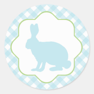 Sticker Rond Lapin lapin lapin de Pâques bleu sur en vichy chèq
