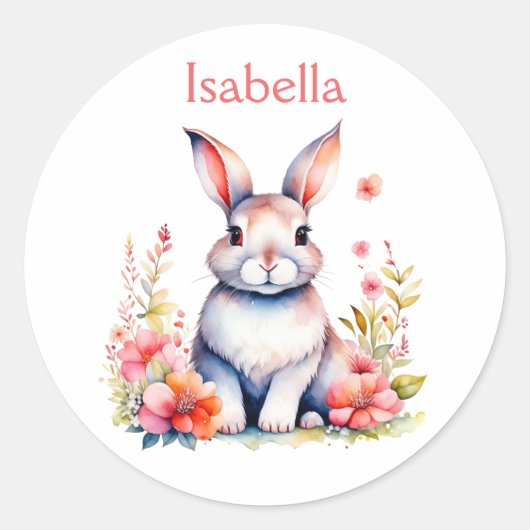 Sticker Rond Lapin lapin personnalisé en Fleurs roses (Devant)