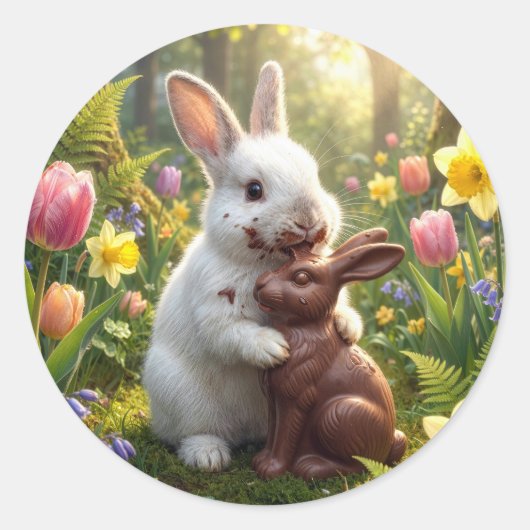 Sticker Rond Lapin léchant un lapin de Pâques en chocolat (Devant)