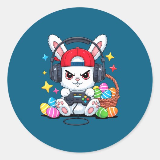 Sticker Rond Lapin mignon avec écouteurs jeu de Pâques (Devant)