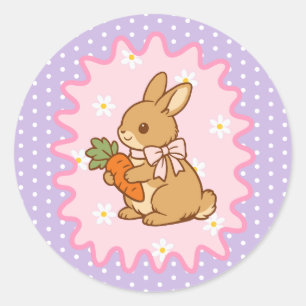 Sticker Rond Lapin Mignon Carotte & Marguerite Violet
