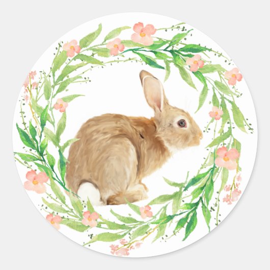 Sticker Rond Lapin mignon dans la couronne de fleurs (Devant)