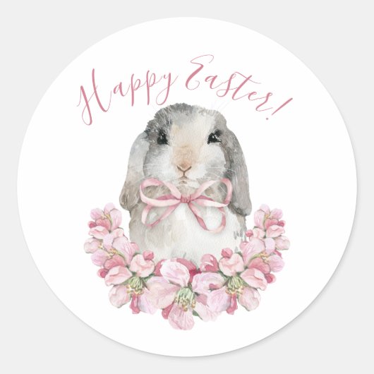 Sticker Rond Lapin mignon écriture joyeuse Pâques florale rose  (Devant)