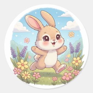 Sticker Rond Lapin Mignon sautant dans un Champ de Fleurs