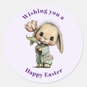 Sticker Rond Lapin mignon tenant une tulipe de Pâques