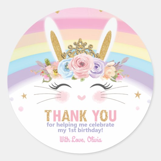 Sticker Rond Lapin Mignonne Lapin Anniversaire Merci Favoriser (Devant)
