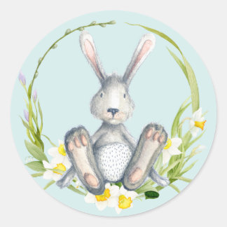 Sticker Rond Lapin mou au printemps Floral Wreath Blue