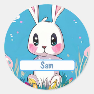 Sticker Rond Lapin Pâques Blanc Avec Nametag Personnalisable
