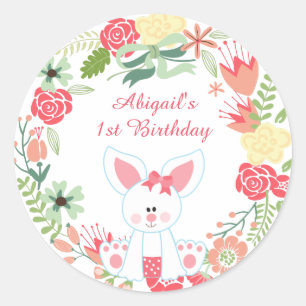 Sticker Rond Lapin personnalisé et couronne de fleurs 1er anniv