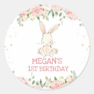 Sticker Rond Lapin Rose Floral Lapin Fête Anniversaire