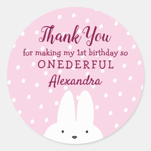 Sticker Rond Lapin Rose Onederland 1er Anniversaire (Devant)