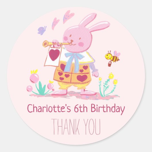 Sticker Rond Lapin rose Whimsical en Aquarelle de jardin (Devant)