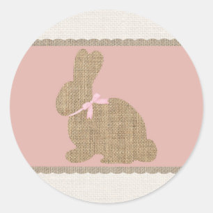 Sticker Rond Lapin rustique rose et toile de jute Fête prénatal