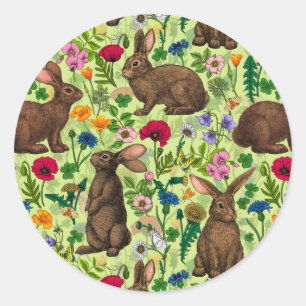 Sticker Rond Lapins et fleurs sauvages sur le vert miel
