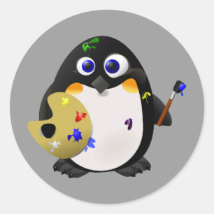 Sticker Rond "L'Artiste" — Mignonne Peintre Penguin