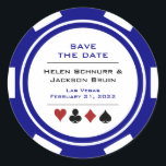 Sticker Rond Las Vegas Blue White Poker Chip Enregistrer La Dat<br><div class="desc">Éblouissez vos invités en leur envoyant ces jetons de poker bleu,  blanc et rouge enregistrer les autocollants ronds de date à placer sur leur calendrier. Envoyez-les par eux-mêmes ou incluez-les dans une invitation Enregistrer la date. Ils attendent avec impatience l'invitation officielle à ce mariage incontournable !</div>