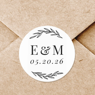Sticker Rond Laurel Branch Monogramme Mariage Faveur