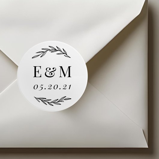 Sticker Rond Laurel Branch Monogramme Mariage Faveur