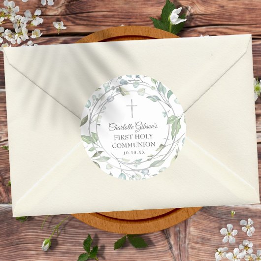 Sticker Rond Laurel Garland Argent Première communion sainte