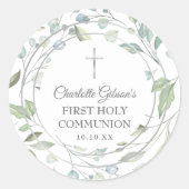 Sticker Rond Laurel Garland Argent Première communion sainte (Devant)