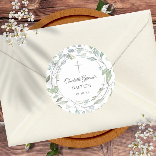 Sticker Rond Laurel Garland Faux Argent Baptême Christening