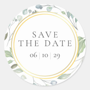 Sticker Rond Laurel Garland Faux Gold Foil Enregistrer la date 