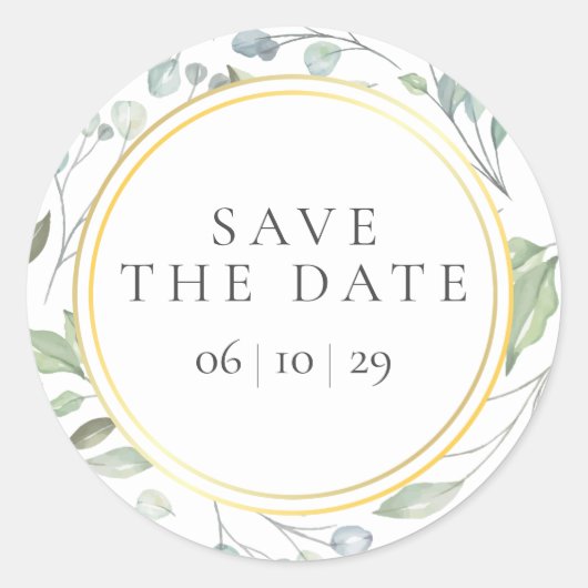 Sticker Rond Laurel Garland Faux Gold Foil Enregistrer la date (Devant)