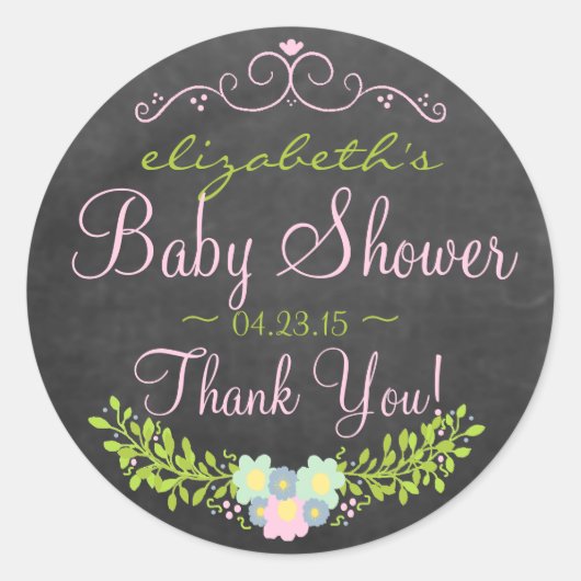 Sticker Rond Laurel sur Chalkboard Look rose et vert (Devant)