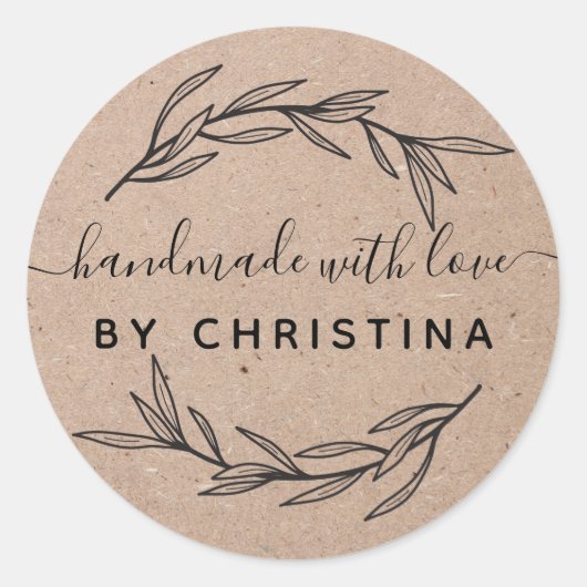 Sticker Rond Laurier rustique fait à la main avec amour (Devant)