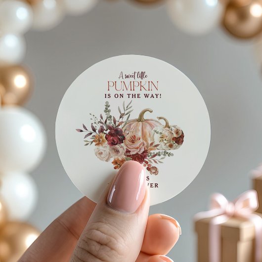 Sticker Rond L'automne fleurit un Baby shower "un peu citrouill