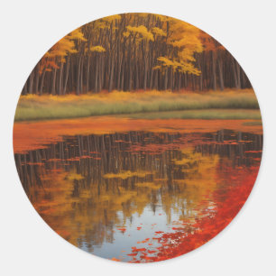 Sticker Rond L'Automne Reflète Un Lac Serene