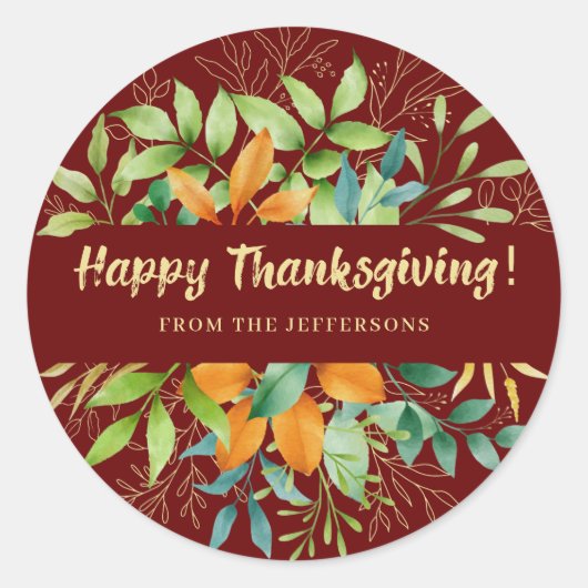 Sticker Rond L'automne Thanksgiving Feuilles Aquarelle Verdure (Devant)