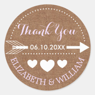 Sticker Rond Lavande & Faux Burlap Mariage Merci Arrow Heart