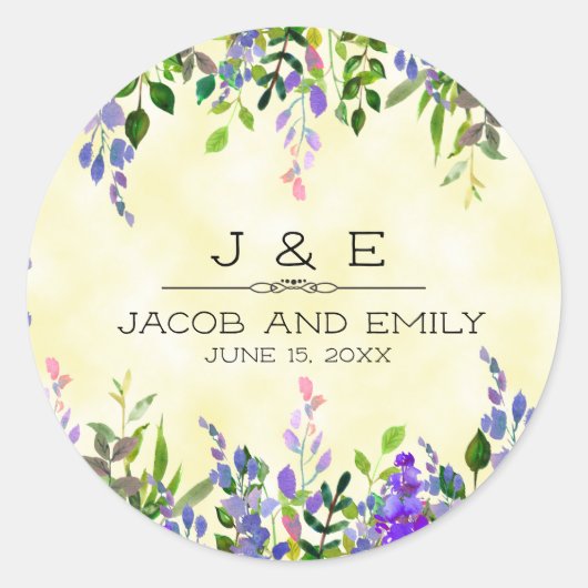 Sticker Rond Lavande Florale Jaune Mariage Merci Monogramme (Devant)